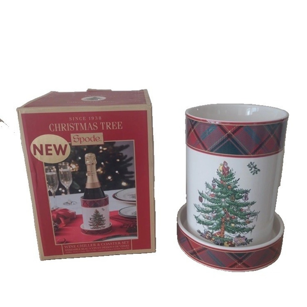 Spode Christmas Tree Tartan Wine Chiller & Coaster Bottle Cooler Set Gift Boxed